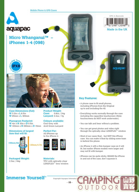 【山野賣客】 Aquapac 098 iphone 4 4s 手機防水袋 防水袋 防水包 防潑水 防雨 (手機防水袋iPhones 1-4用)