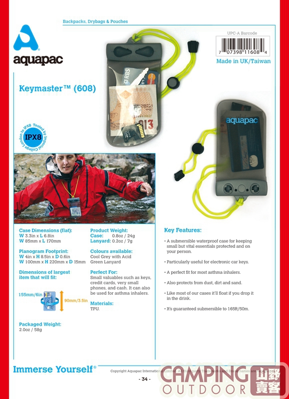 【山野賣客】 Aquapac 608 鑰匙 零錢 信用卡 防水袋 防水袋 防水包 防潑水 防雨 (鑰匙/信用卡/錢)