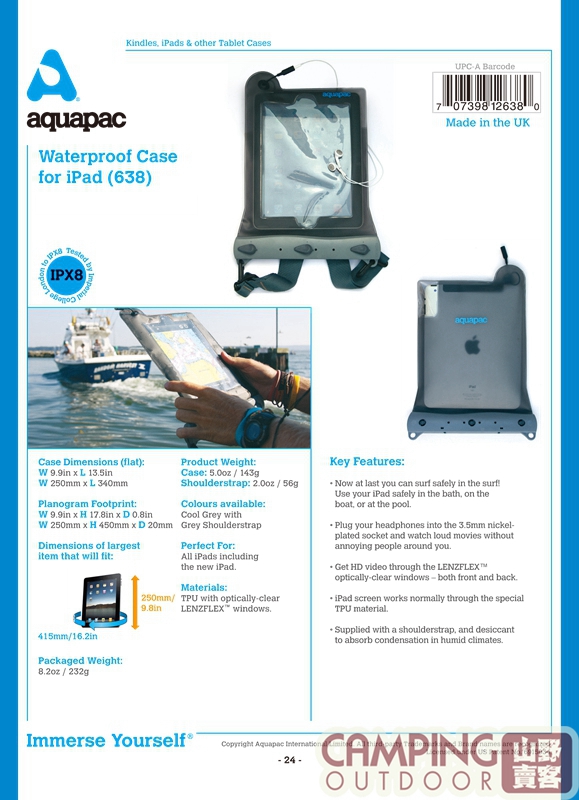 【山野賣客】 Aquapac 638 平板電腦防水袋 防水袋 防水包 防潑水 防雨 (附背帶)