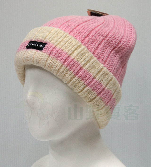 Snow Travel / 3M高級羊毛帽-粉紅色(條紋折白) 毛線帽 反摺/摺邊帽 遮耳保暖透氣防風