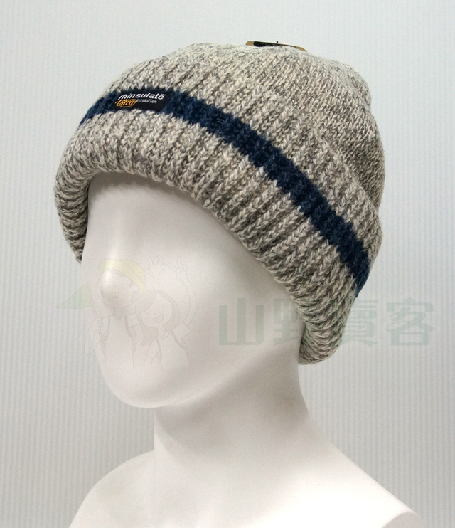 Snow Travel / 3M高級羊毛帽-灰色(條紋折藍) 毛線帽 反摺/摺邊帽 遮耳保暖透氣防風
