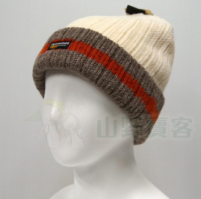 Snow Travel / 3M高級羊毛帽-象牙白(條紋折橘咖) 毛線帽 反摺/摺邊帽 遮耳保暖透氣防風
