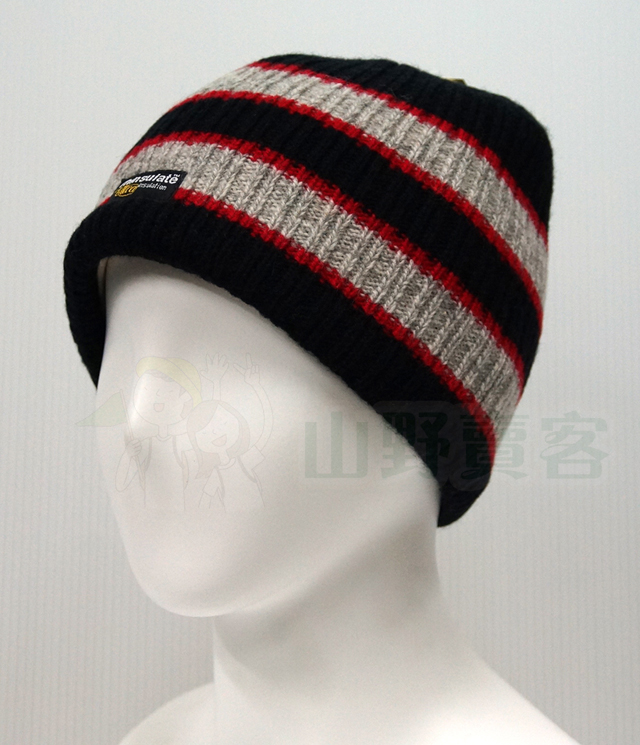 Snow Travel / 3M高級羊毛帽-黑色(條紋灰紅) 毛線帽 反摺/摺邊帽 遮耳保暖透氣防風