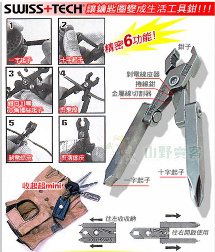 台灣山岳資料庫 SWISS TECH / Micro Tech 多功能隨身迷你6合1銀色工具鉗 鑰匙圈 螺絲起子 鉗子