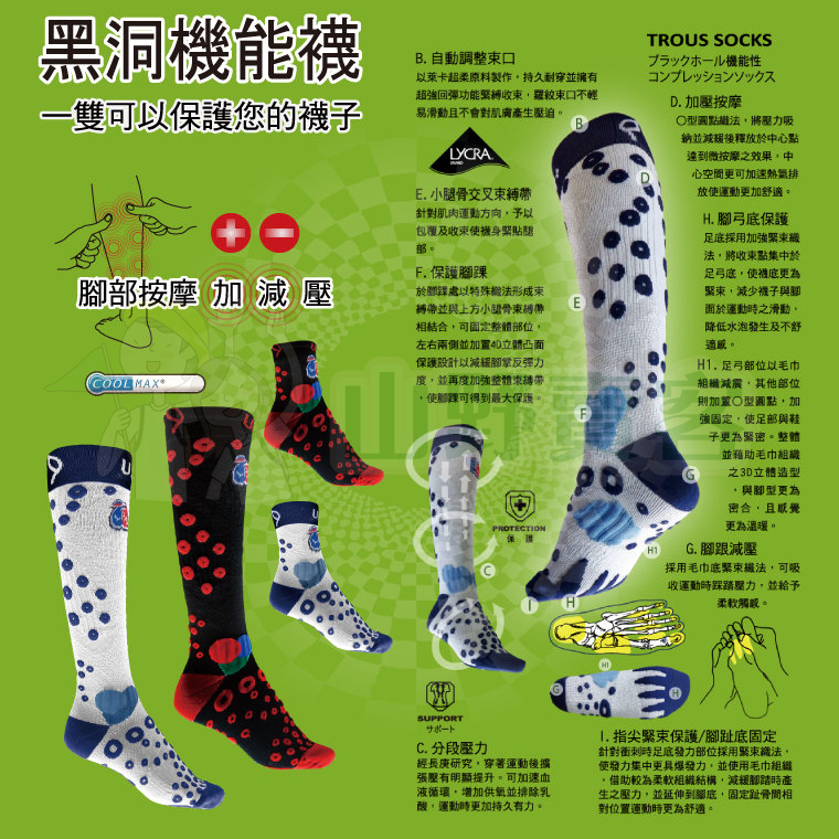 U.CR+ TROUS-SOCKS 黑洞壓力機能襪 分段壓力 腳部按摩 運動襪 馬拉松 單車 三鐵